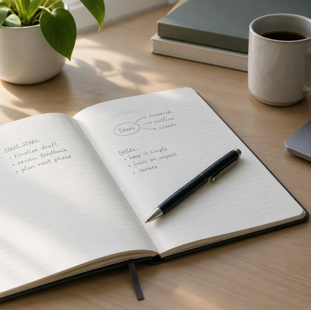 Notebook and pen on a desk