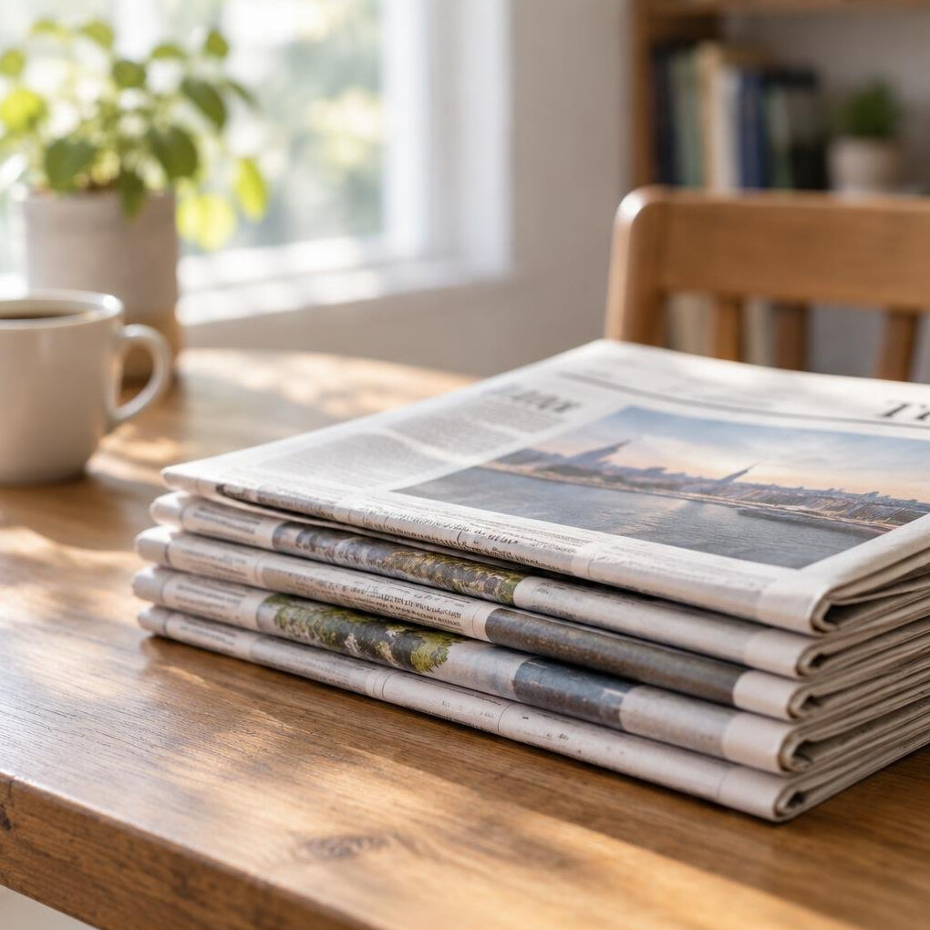 Stack of folded newspapers on a table