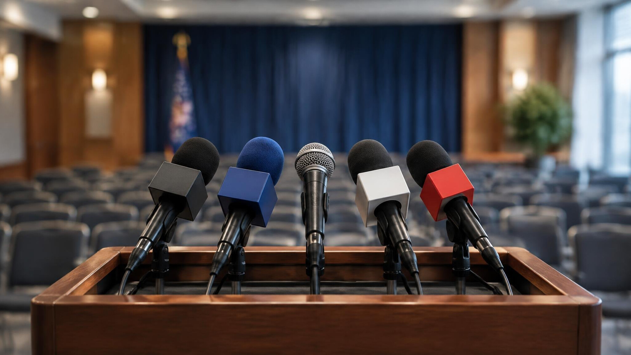 Press microphones at a press conference